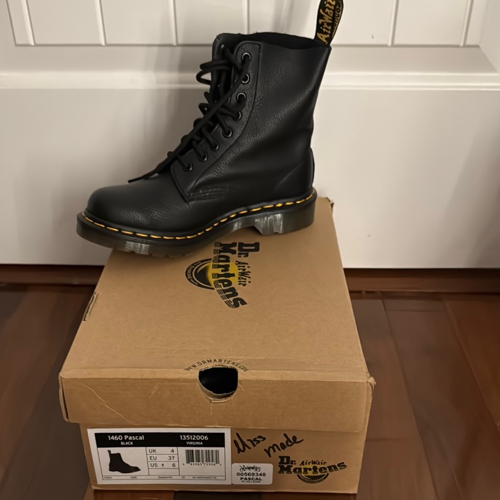Dr. Martens Black Leather Boots with Yellow Stitching